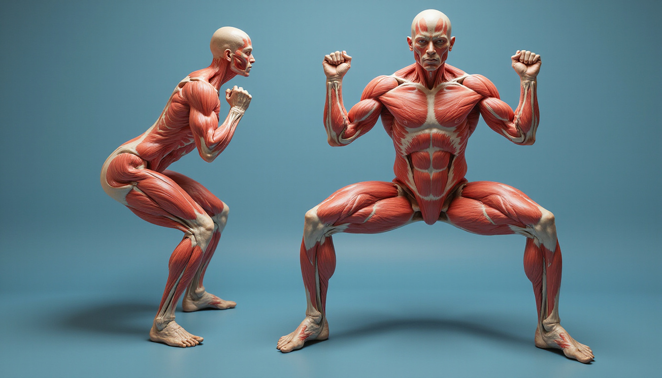 Cutaway anatomical overlay showing gluteus maximus activation during squats, high-detail, realistic, fitness infographic
