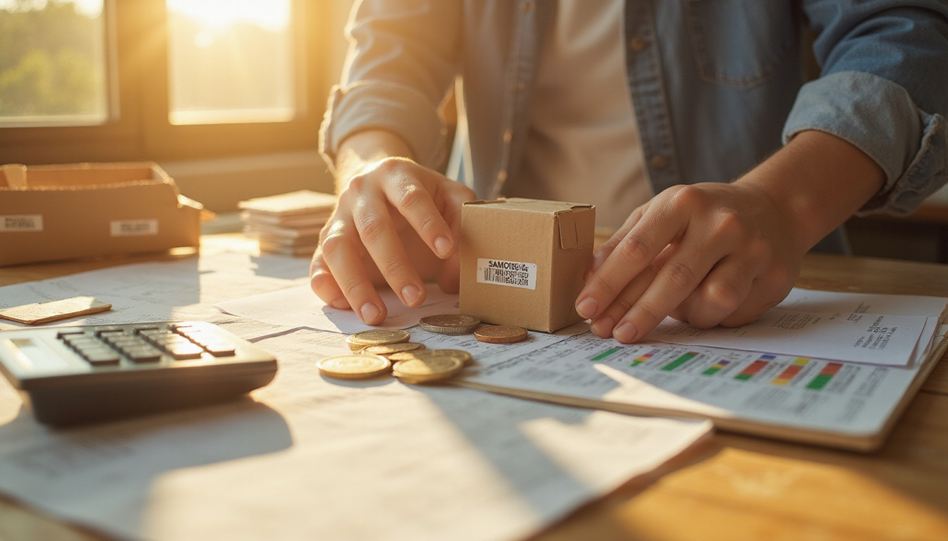  Person packing labeled boxes, calculator and coins on table, sunlight, cinematic warm tones