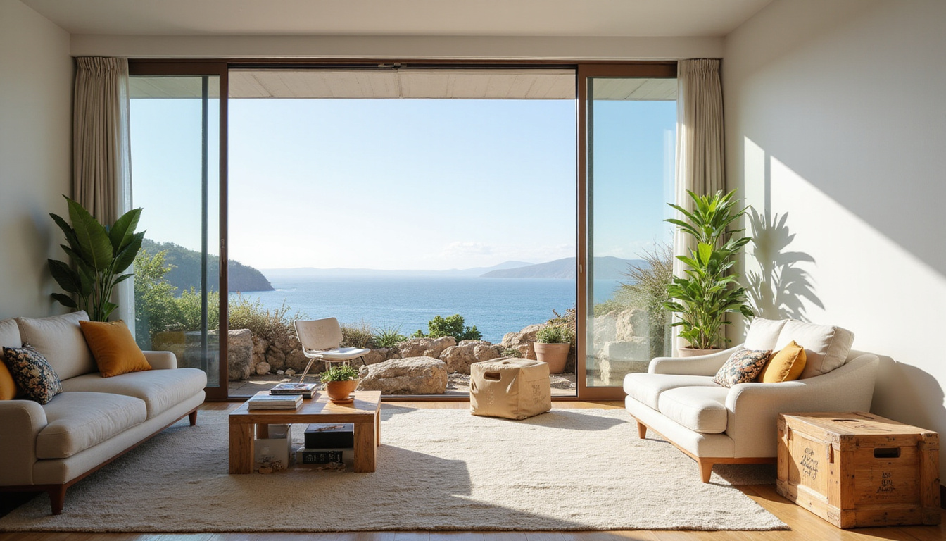  Minimalist living room before-and-after, clutter vanishing into compost, donation crates, ocean view through window
