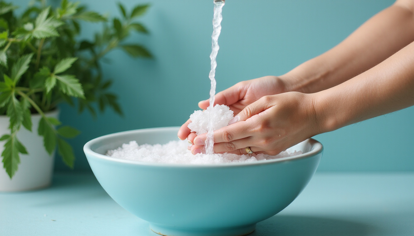 Hands rinsing crystal under running water, salt bowl, ivy, serene blue-green tones