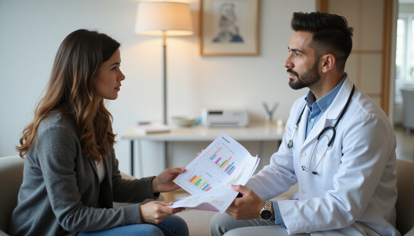  Concerned patient consulting compassionate doctor, charts about risks and benefits, warm clinical room