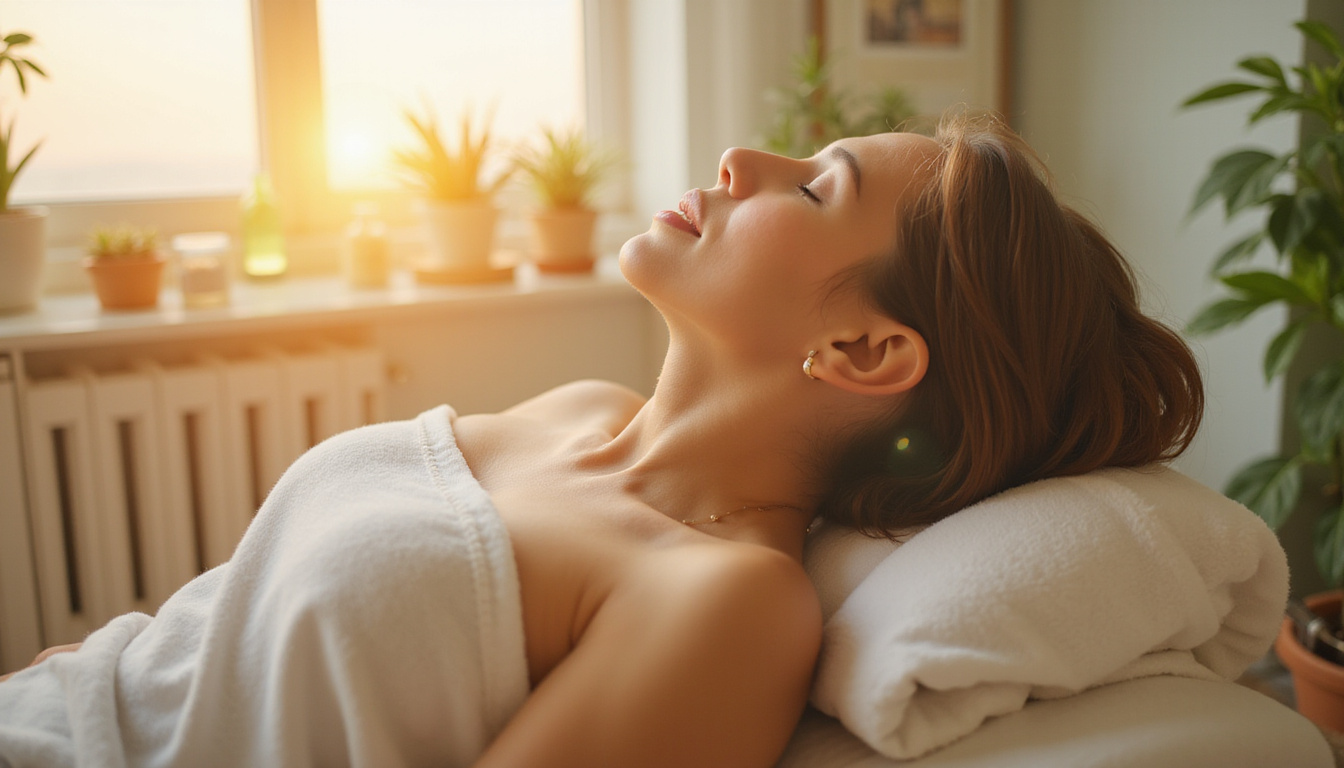 Relaxed patient exhaling as muscle knots dissolve, warm sunlight, botanical oil, serene clinic