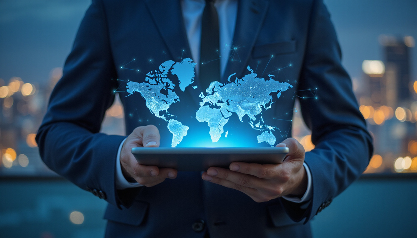 Investor examining digital map on tablet, skyline backdrop, smart data indicators glowing