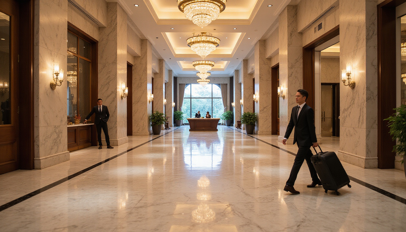 Grand marble lobby with glowing chandeliers, warm concierge smile, valet carrying designer luggage, effortless elegance