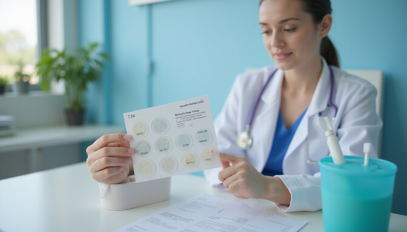  Preventive allergy test scene: patch tests labeled hyaluronic acid, doctor explaining results, calm atmosphere