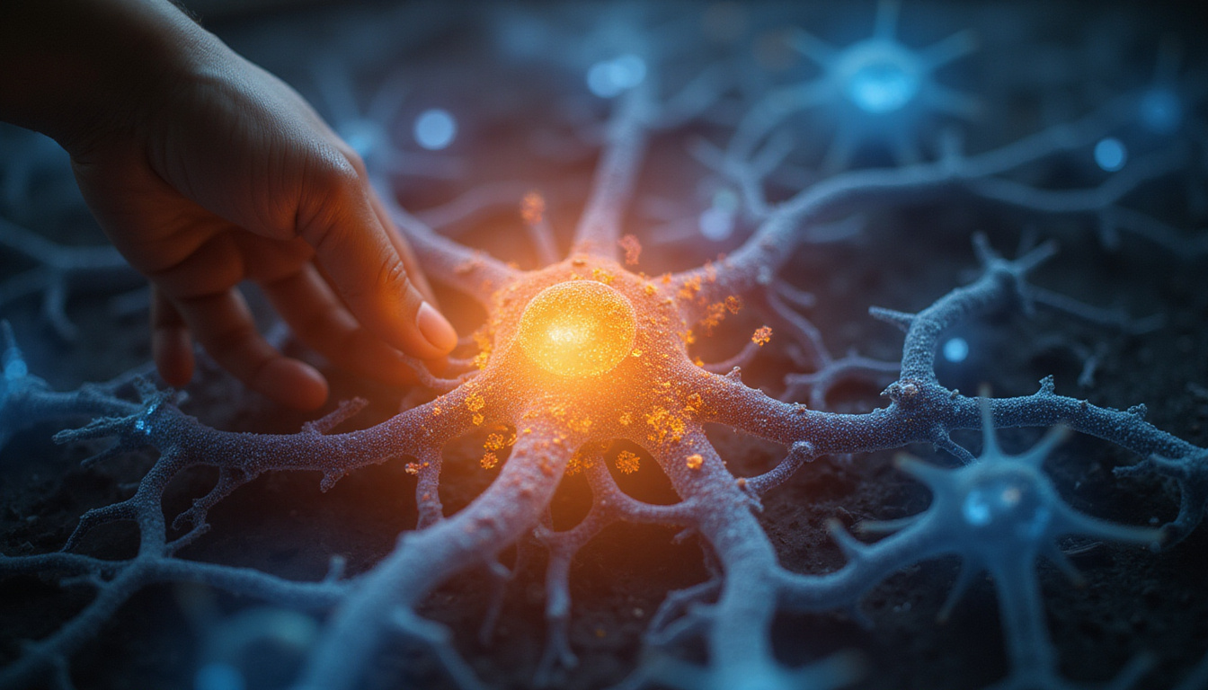 Patient emerging from shadow into bright neurons, resilience growth rings, supportive therapist hand