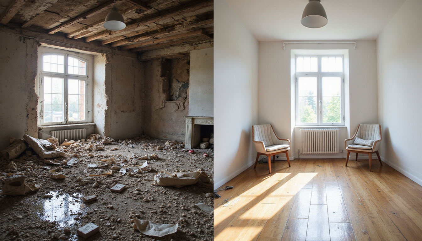  Before-and-after split image: destroyed living room vs restored clean interior, hopeful light, documentary style