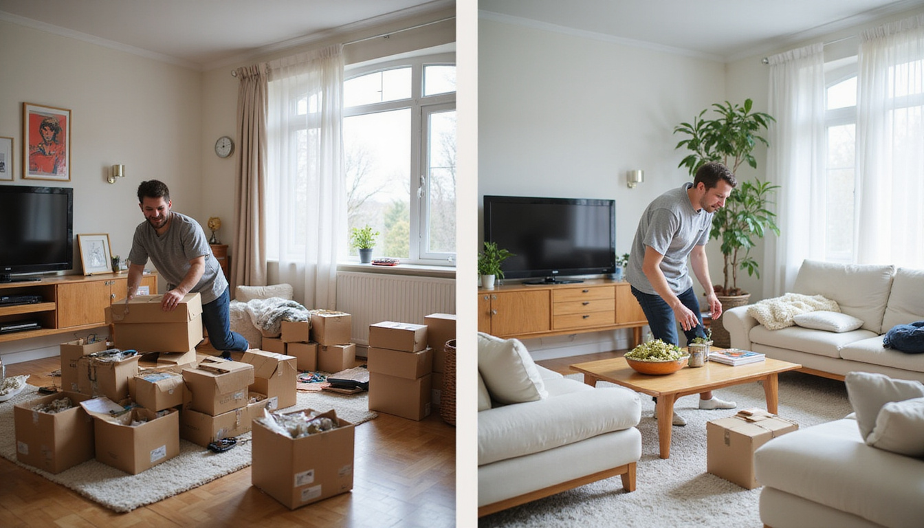  before-and-after living room transformation, messy to minimalist, smiling technician arranging boxes, airy light