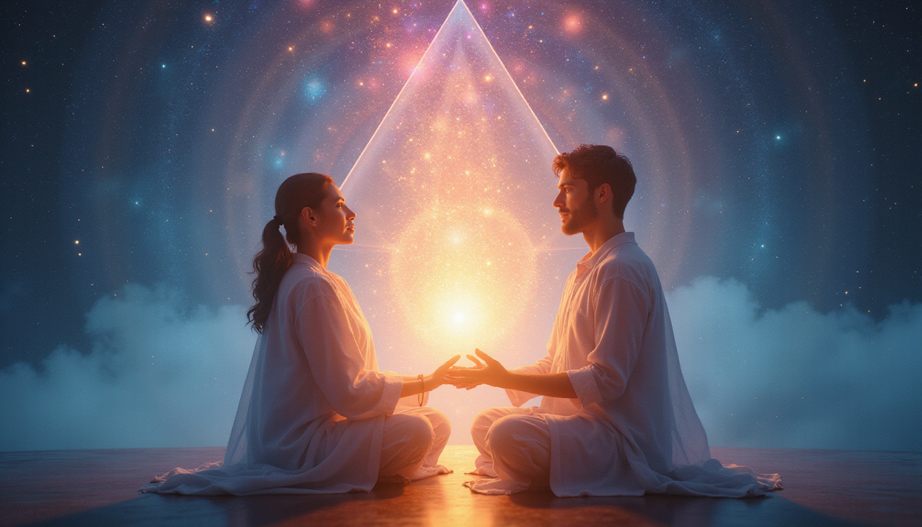 Ethereal healer guiding luminous energy between partners, sacred geometry backdrop, calm healing aura