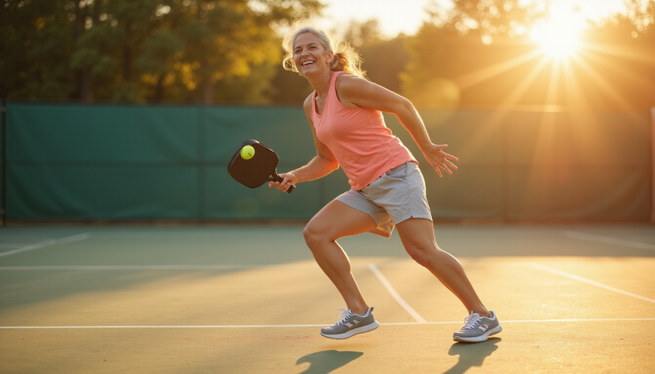  Confident elderly woman serving pickleball, smiling, dynamic motion, supportive sneakers, warm golden hour