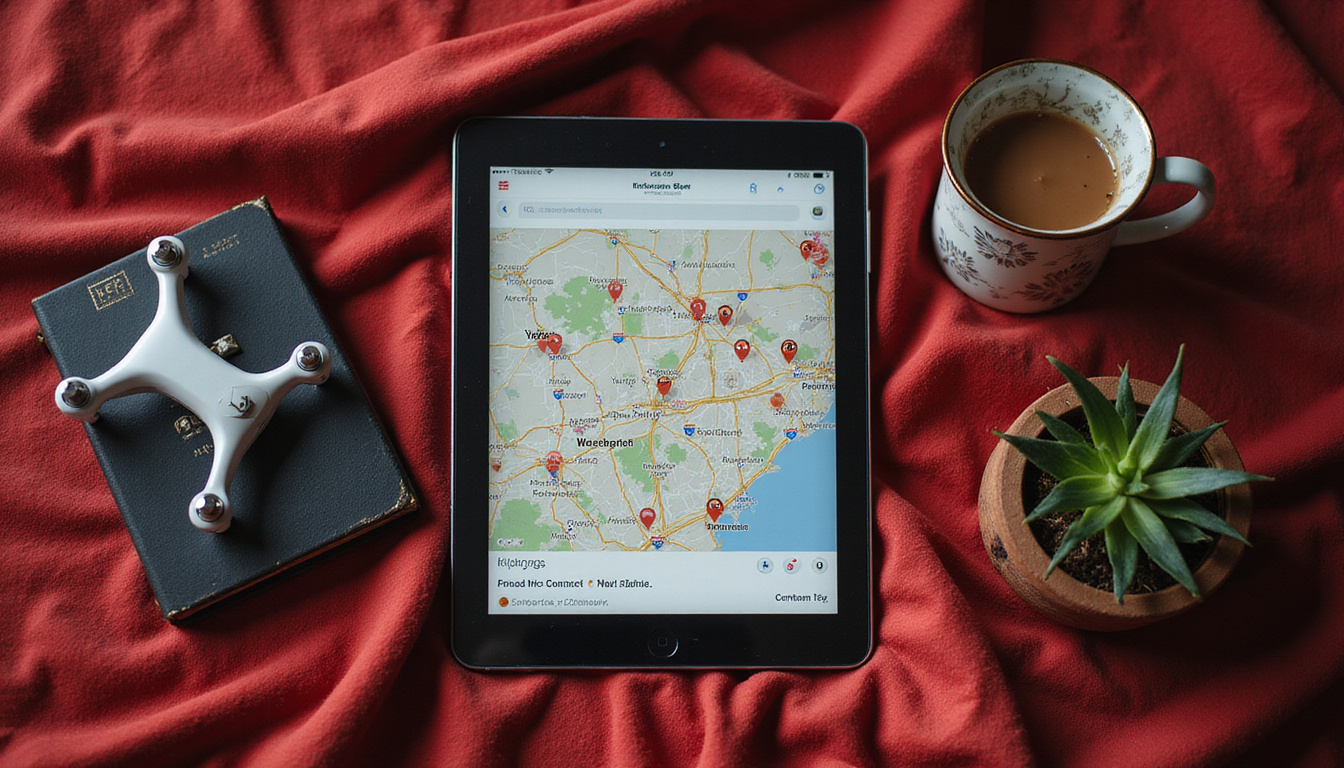 Luxury agent viewing secret tablet listings, aerial drone maps, velvet invitation, marble foyer