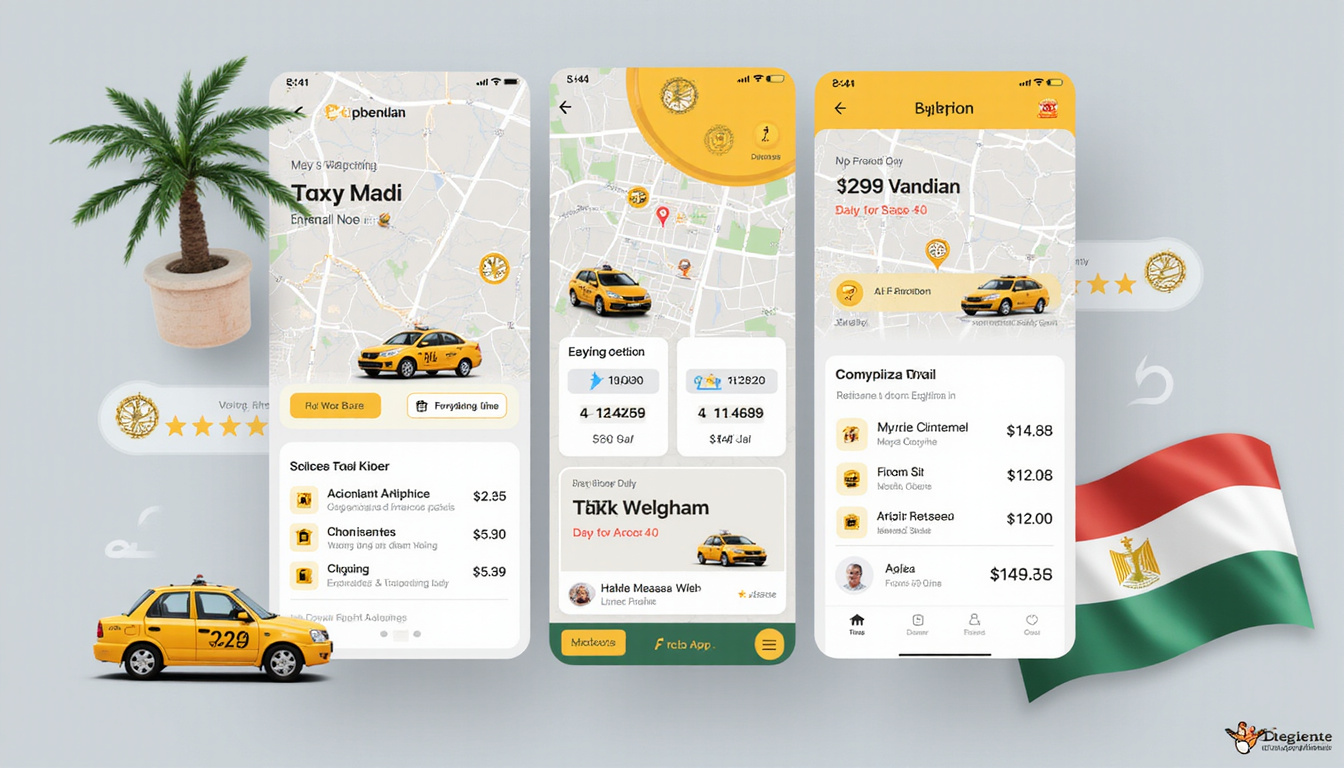 Mobile app comparison screen showing taxi prices, reliable ratings, Egyptian flag, map overlay
