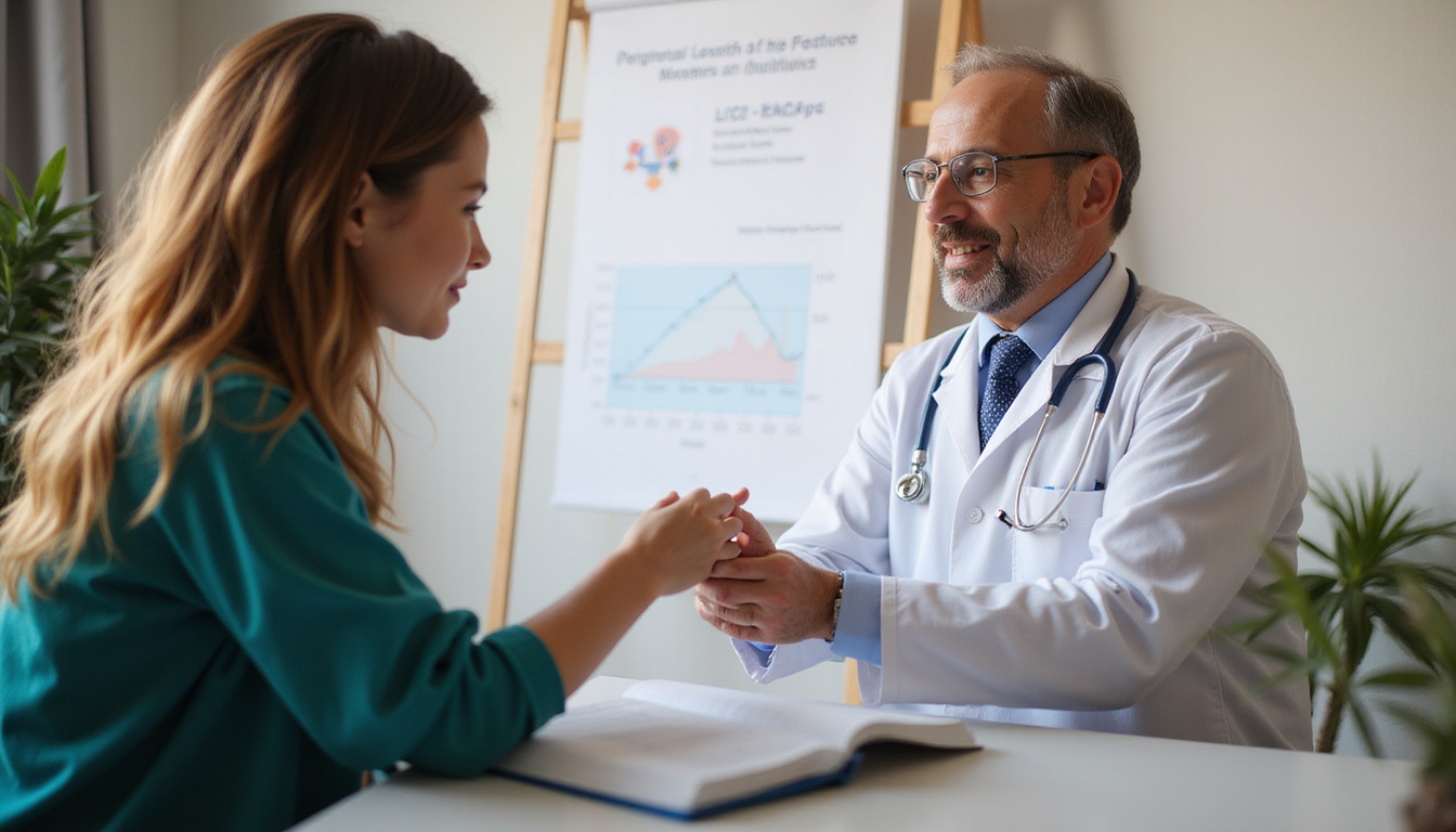Doctor consulting patient, graph showing lowered HbA1c, warm clinic setting