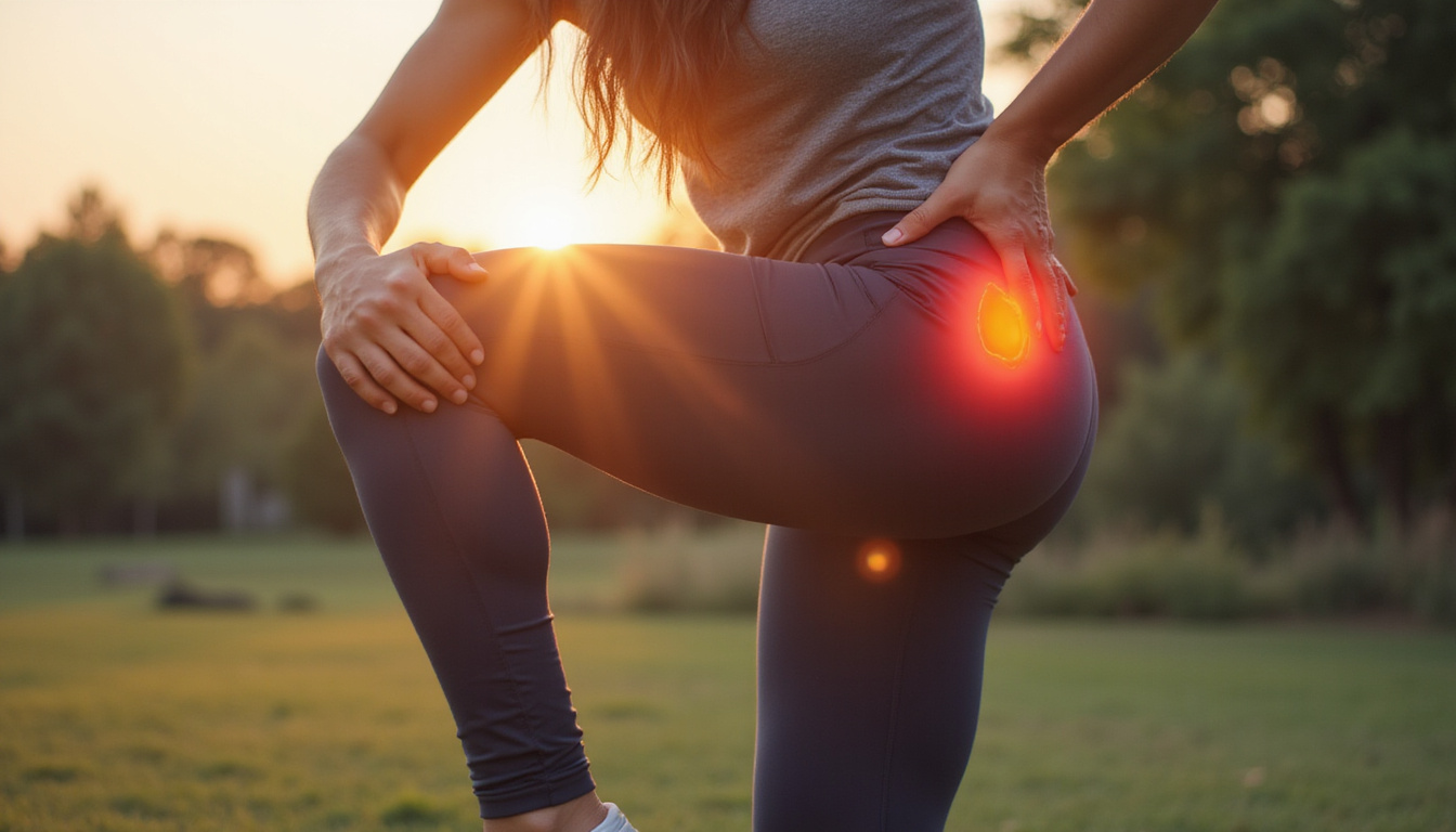  Athlete performing targeted hip-strengthening exercise outdoors, glowing muscle highlights, pain-free motion