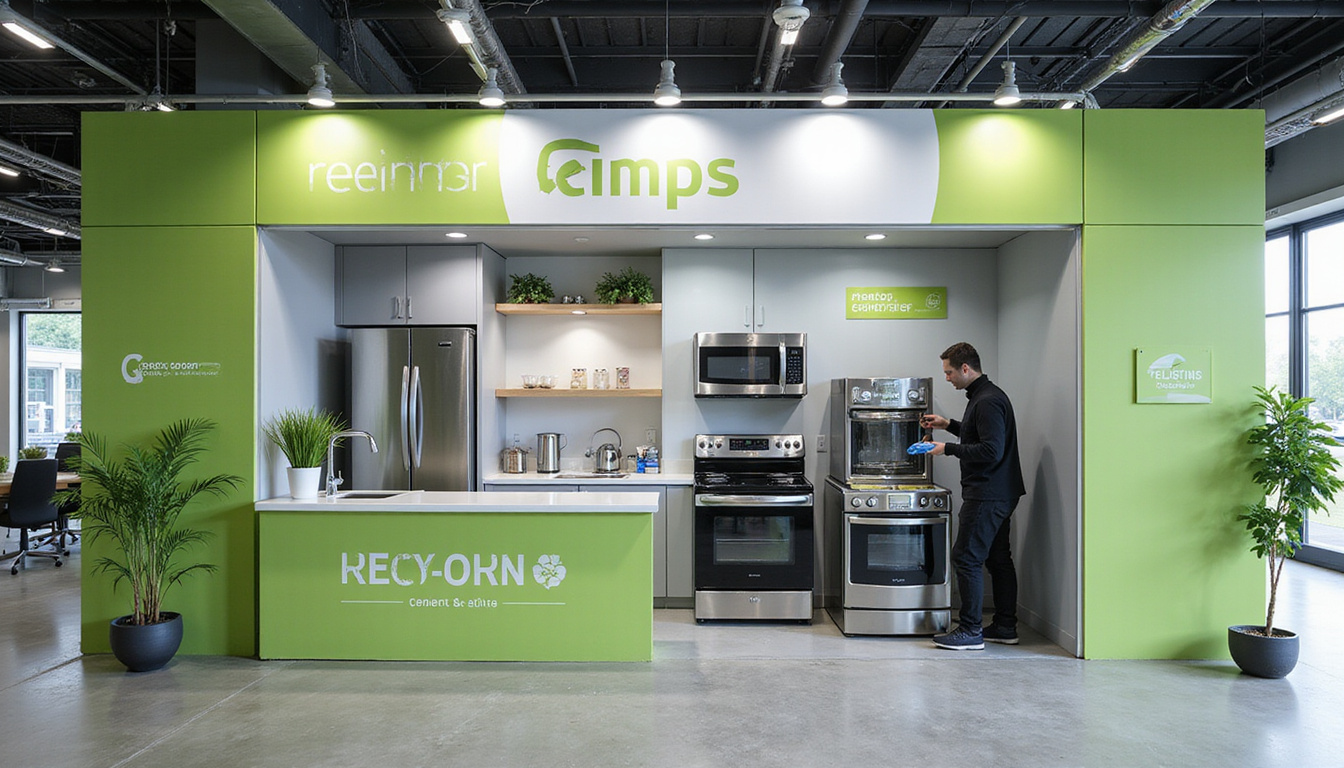  Open recycling center bay with stacked appliances, signage, technician securing stove for eco-friendly disposal