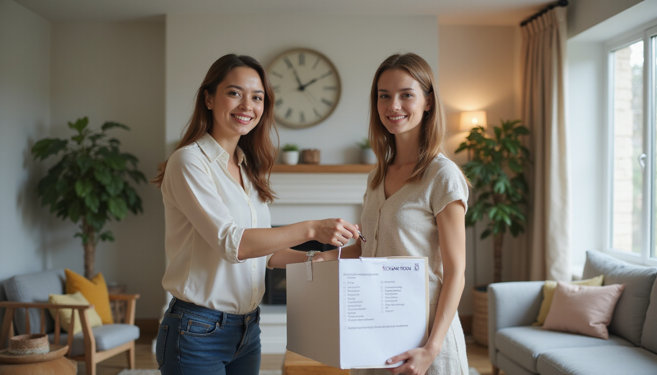  Organized moving checklist, cozy staged living room, smiling realtor handing keys, warm tones
