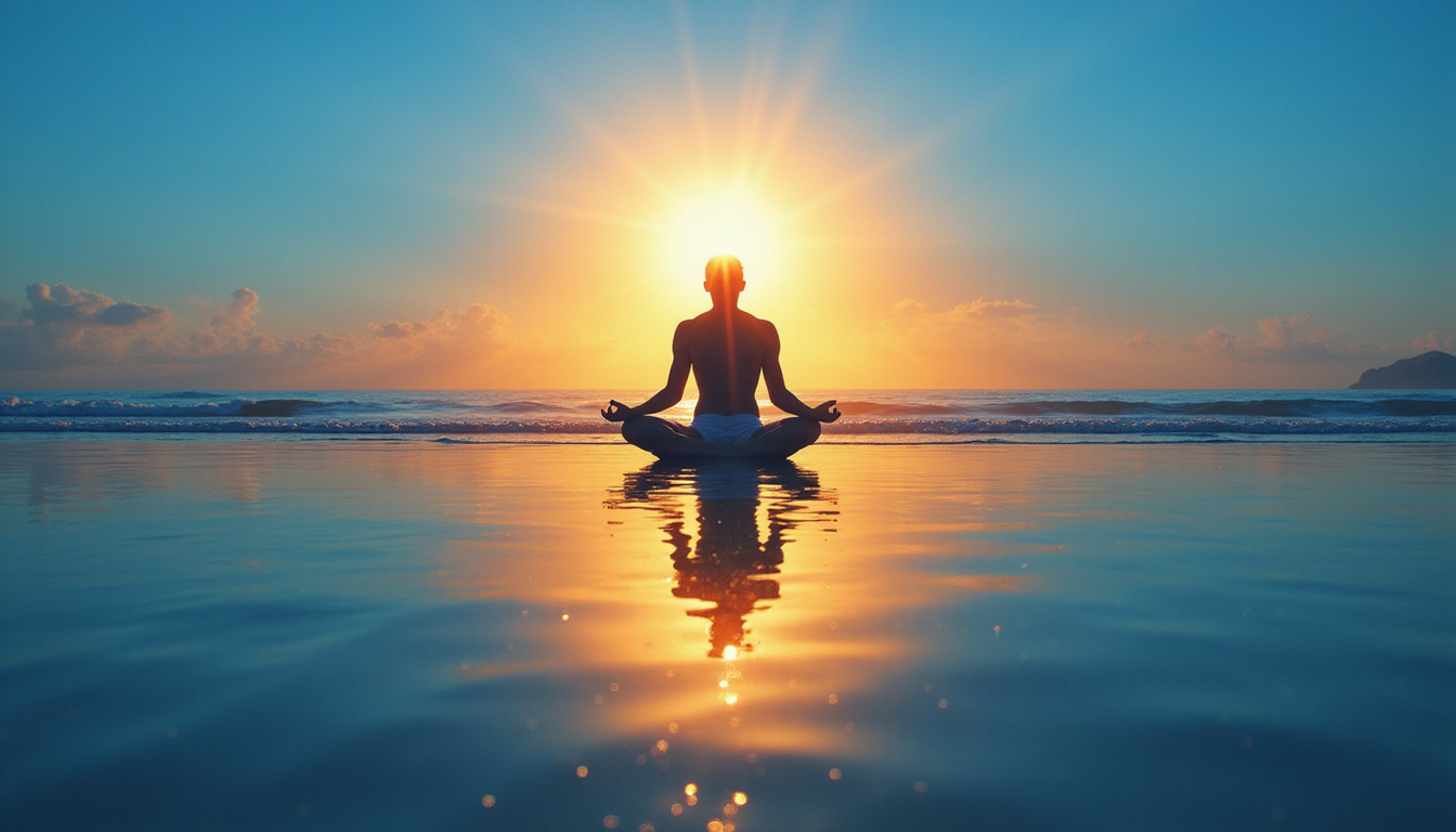  contemplative person meditating, inner light radiating through chest, mirror reflection revealing true self, calm sea