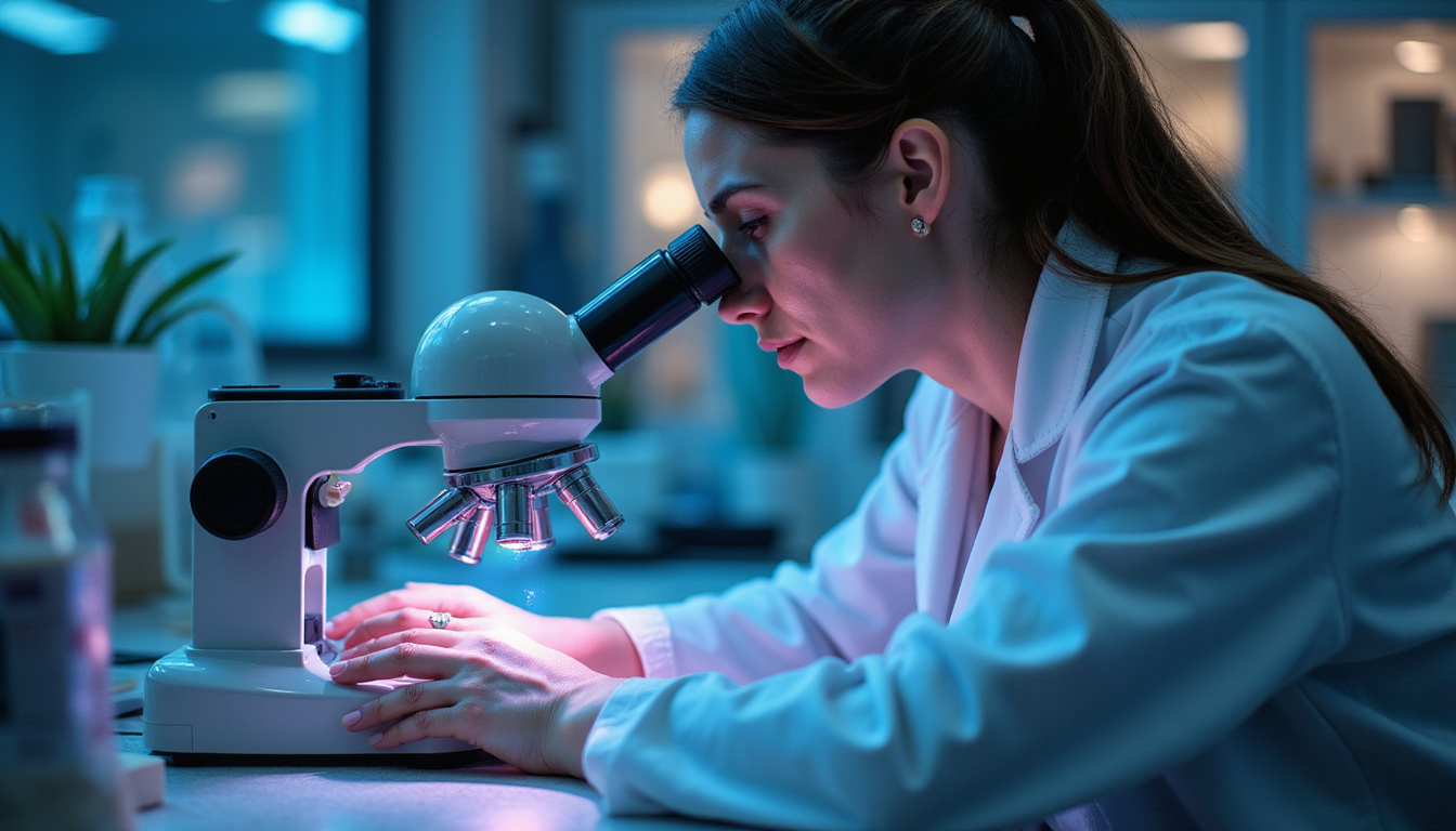  Laboratory researcher examining cartilage biopsy under holographic microscope, molecular healing visualization, hopeful