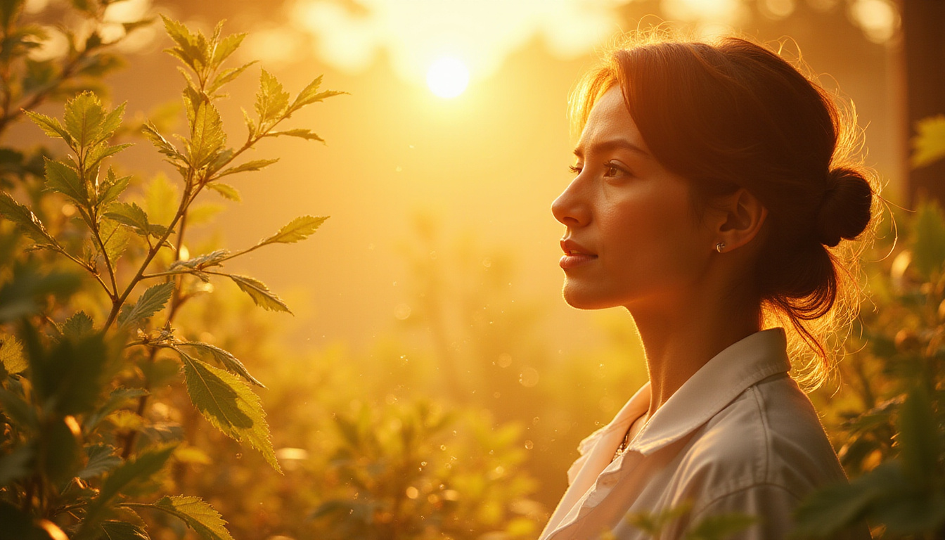  Sunlit botanical lab scene with hormonal golden particles, serene female profile, healing nature motif