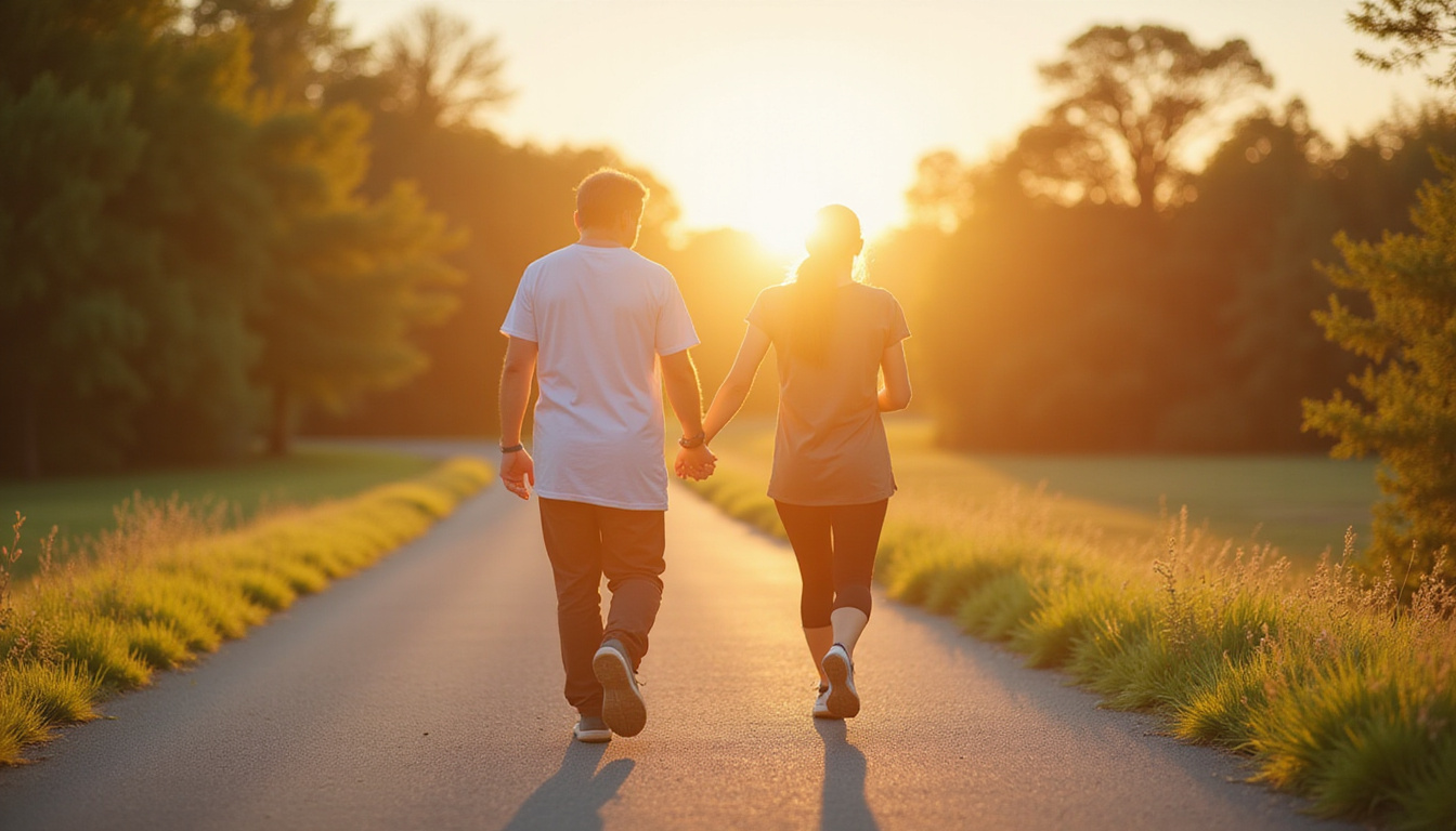  Cinematic montage showing gradual strength recovery, patient walking outdoors with physiotherapist, warm tones