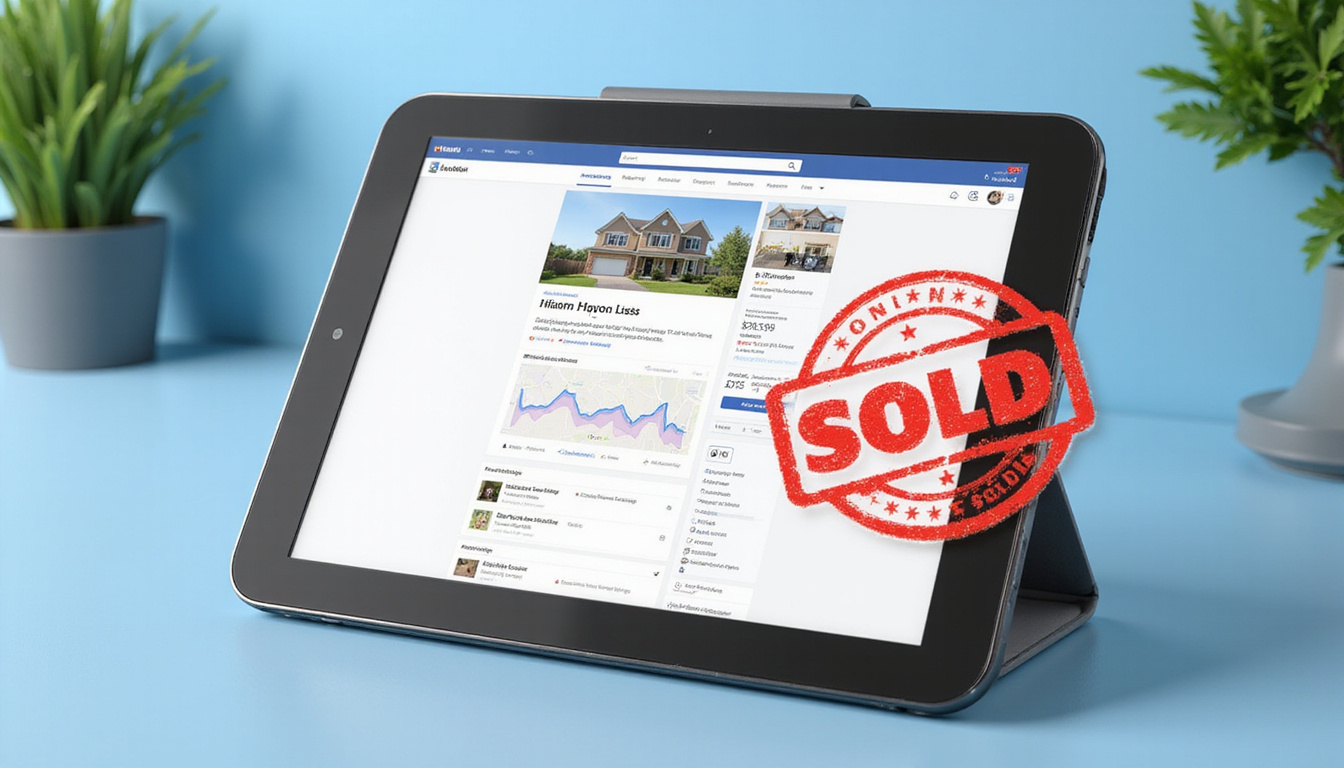  Dynamic property listing mockup on tablet, social media analytics, urgent 