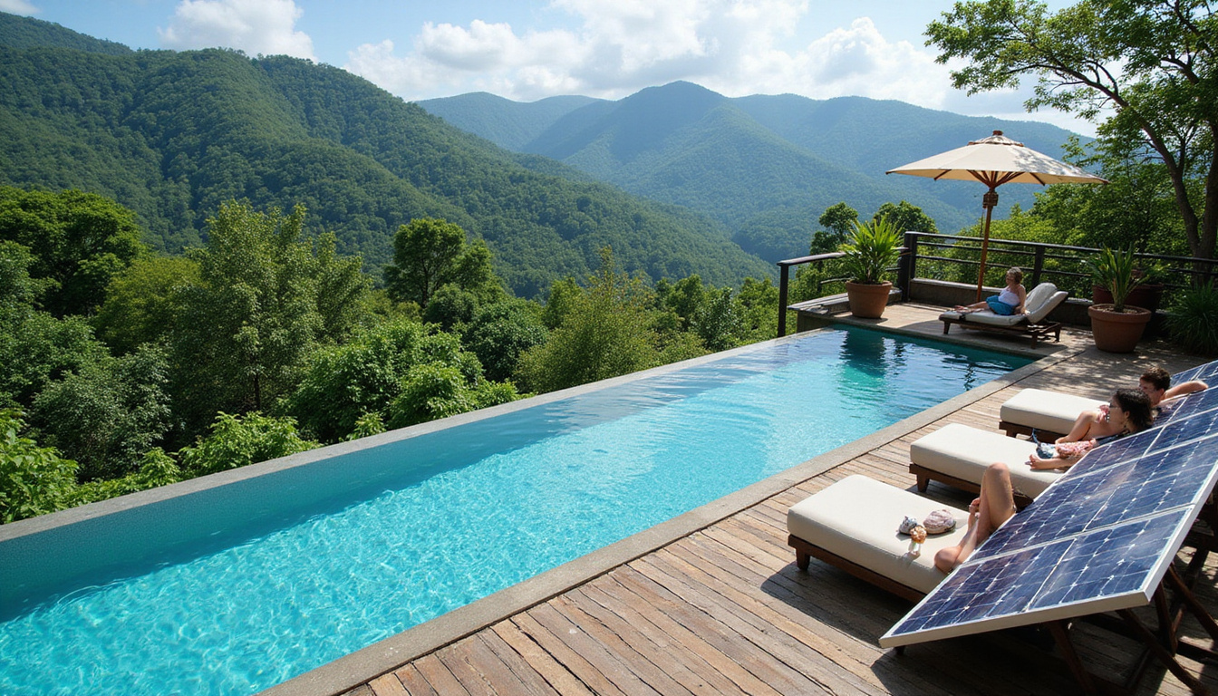  Rooftop infinity pool overlooking rainforest, solar panels, guests lounging, sustainable design palette