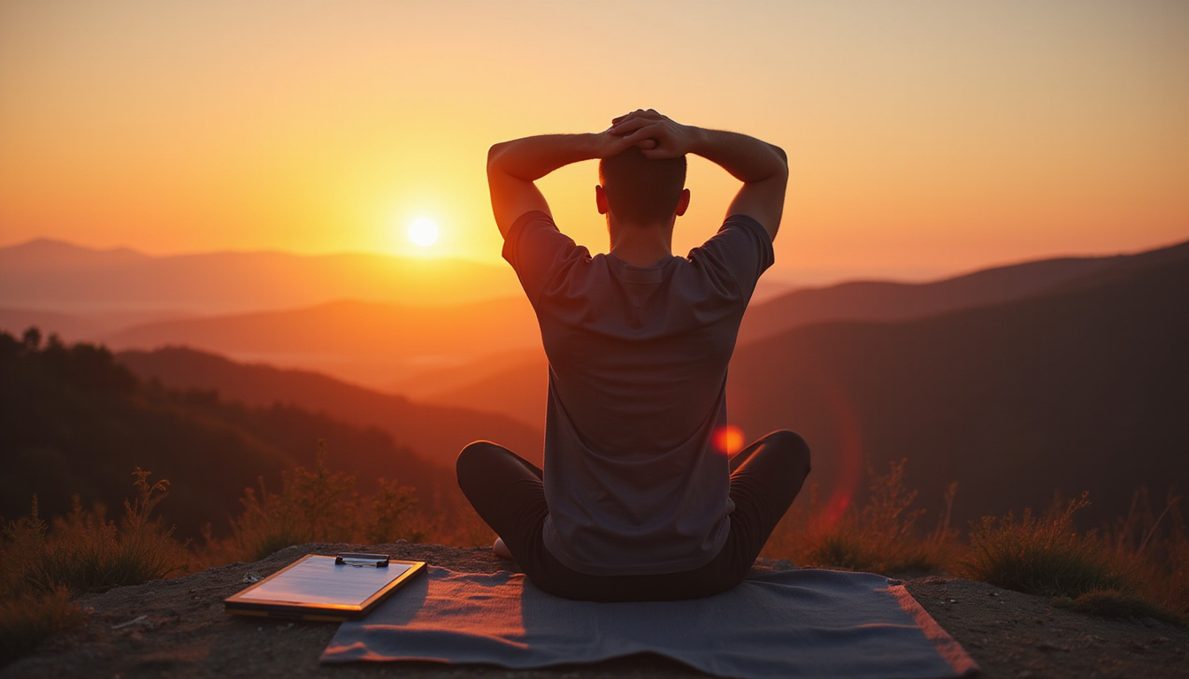  Man doing gentle neck stretches at sunrise, glowing health icons, randomized study clipboard nearby