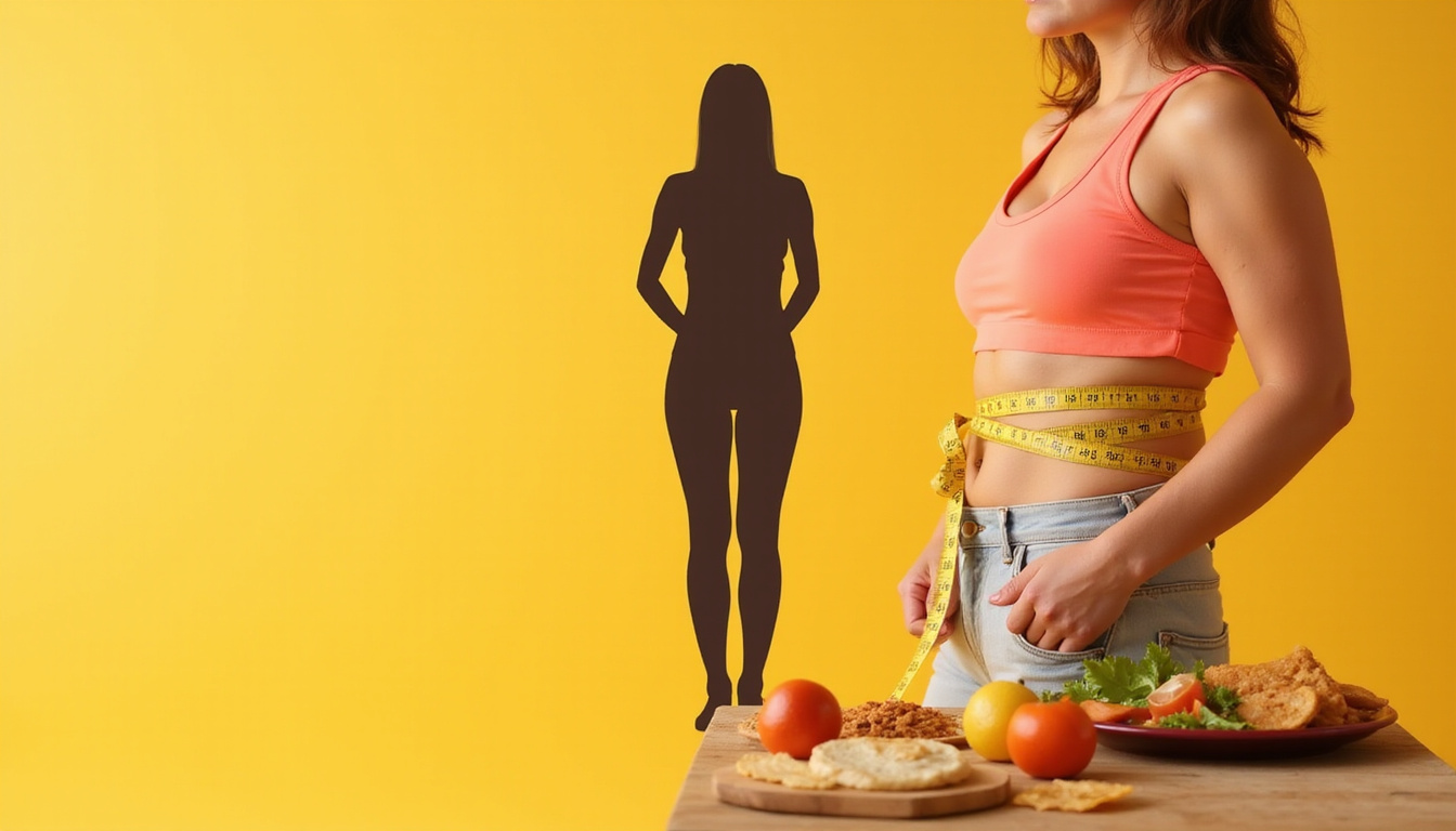  Before-and-after silhouette: person loses inches, clothes looser, tape measure, healthy meal tray