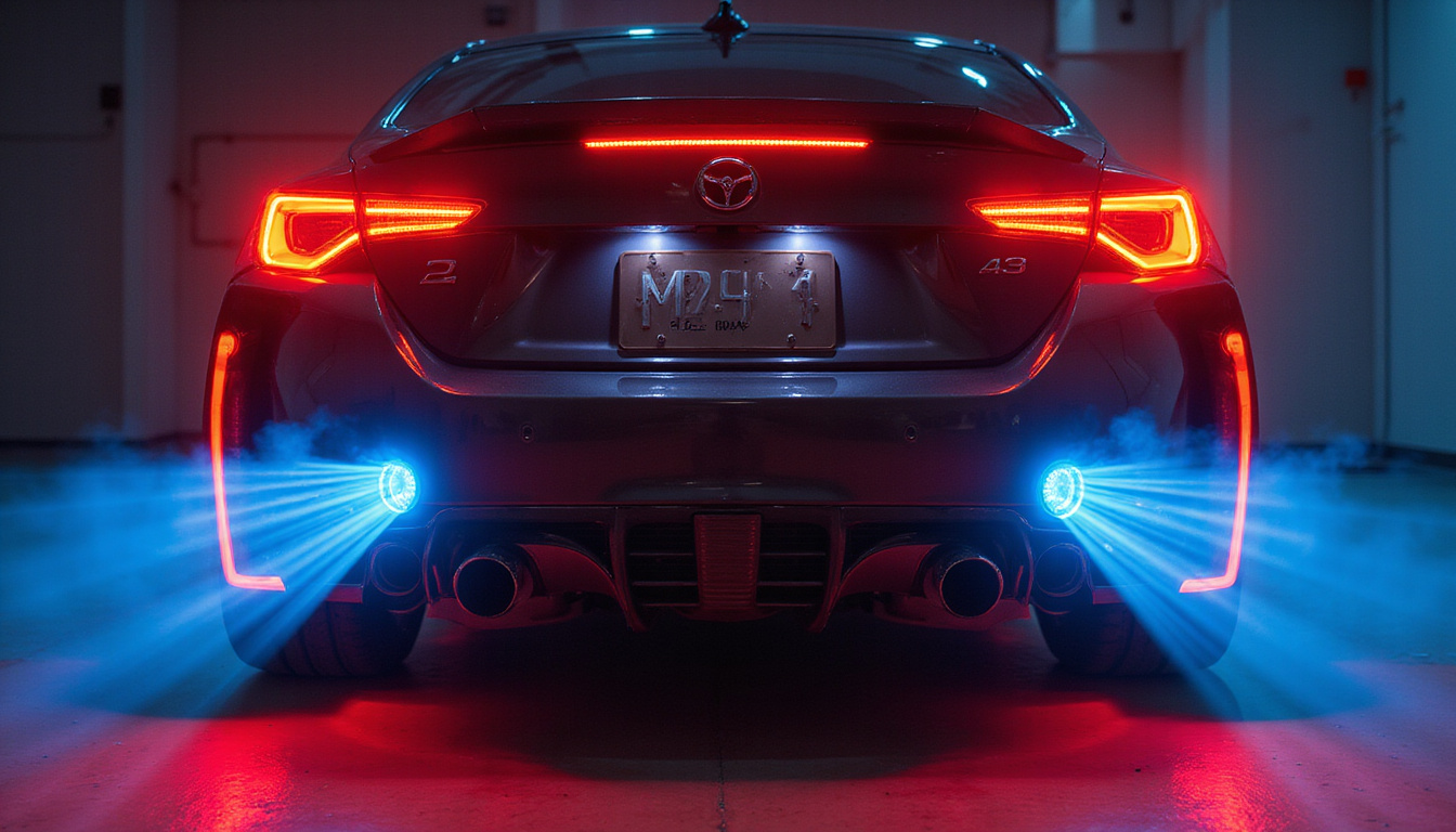 High-performance car rear, quad exhausts roaring, visualized soundwaves and airflow, power meter illuminated