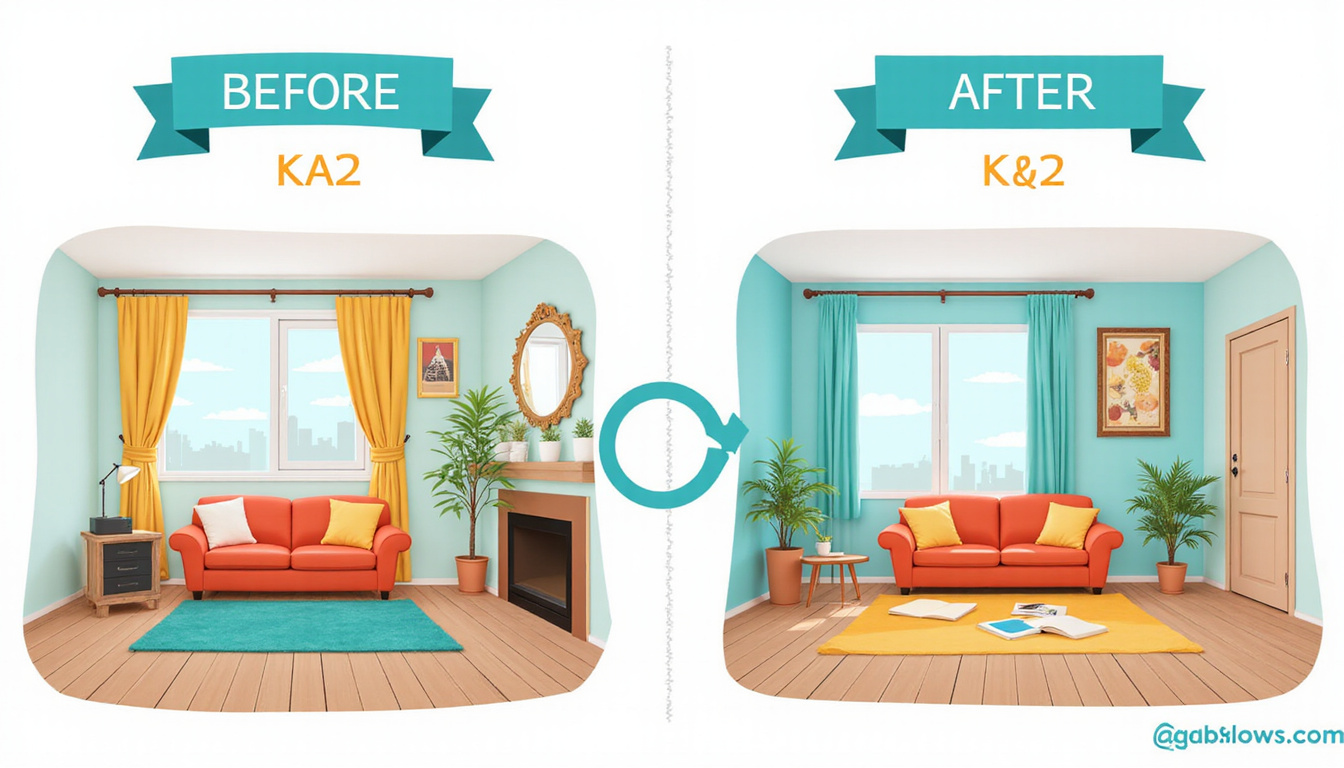  Affordable junk removal hacks infographic, before-and-after living room transformation, bright practical icons