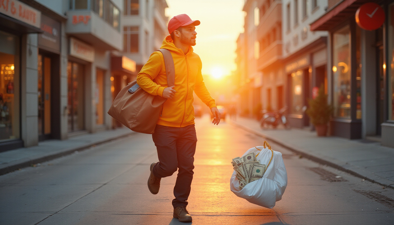  Courier sprinting between storefronts with insulated bag, dollar bills and stopwatch overlay, urban sunset