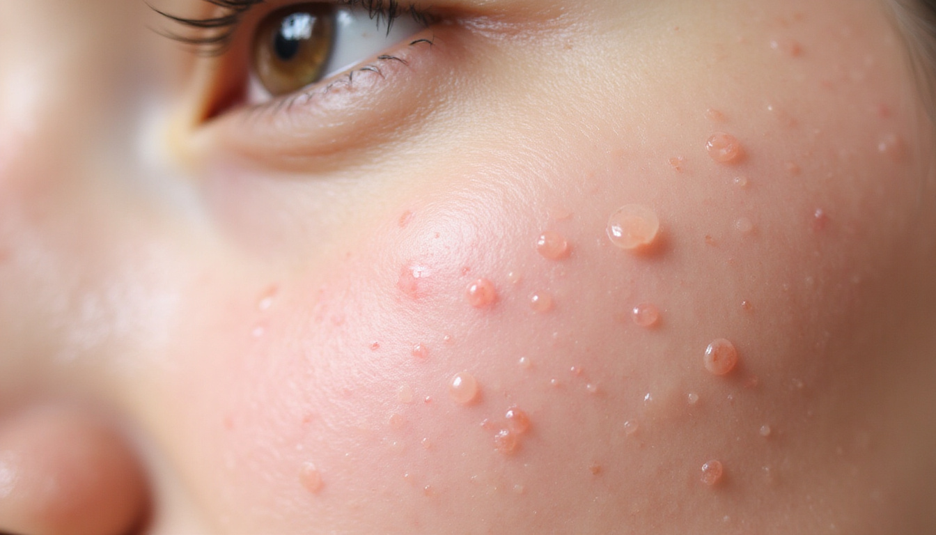  Macro skin close-up showing spironolactone droplets, soothing red pimples fading