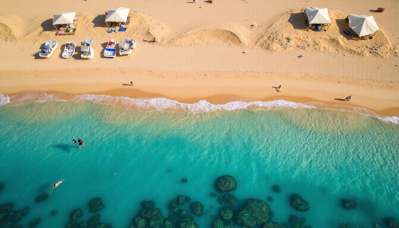  Aerial shot of Egyptian beachfront resorts, golden sand, coral reef, snorkelers, Bedouin tents distant