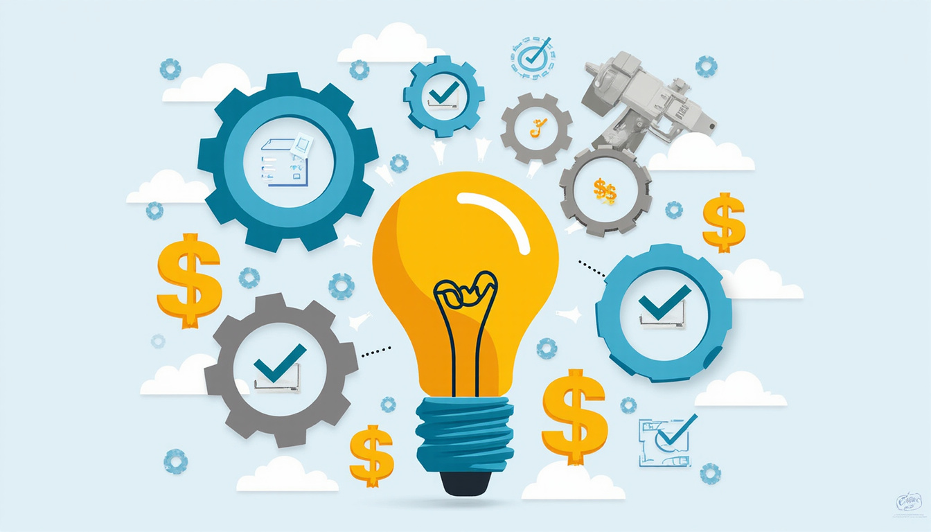  Infographic of cost-cutting strategies: gears, lightbulb, dollar signs, checklist, sleek professional design
