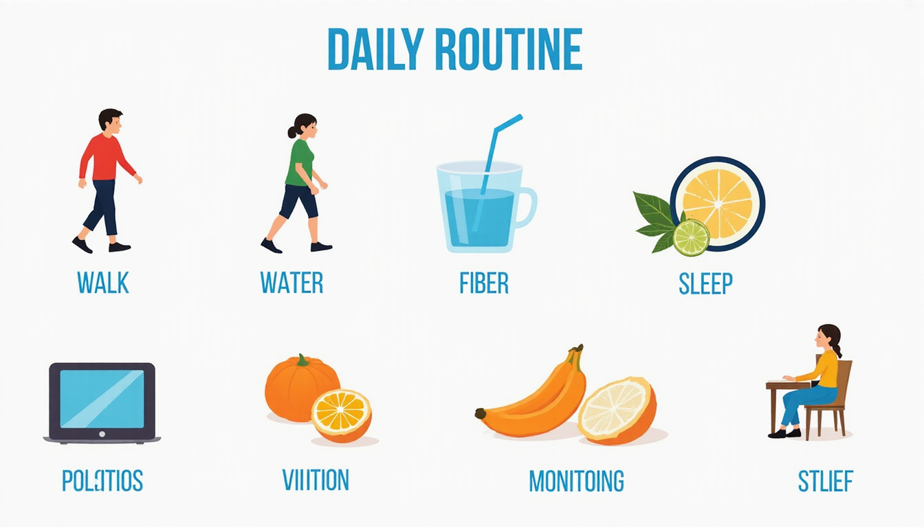  Minimalist daily routine infographic, seven icons: walk, water, sleep, fiber, portions, monitor, stress-relief