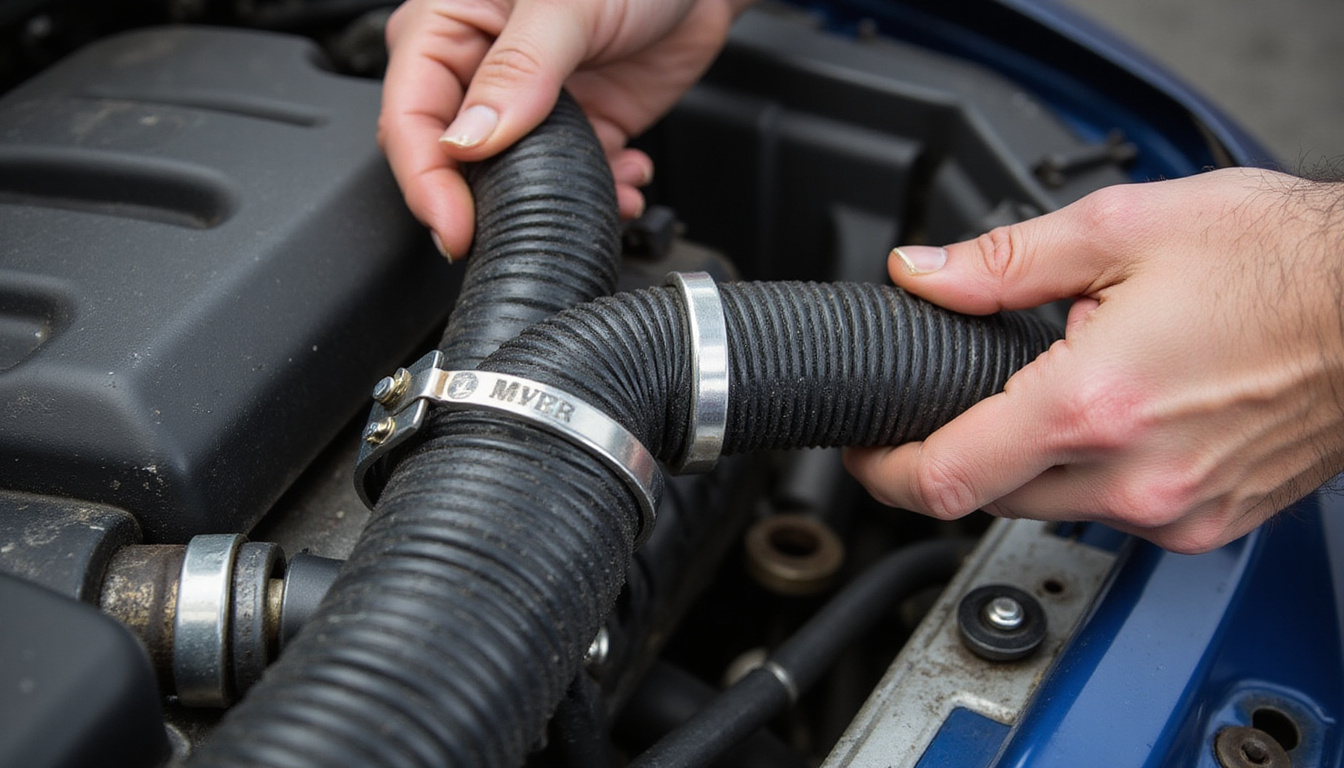  Close-up mechanic hands replacing radiator hose, textured rubber, metal clamps, gritty asphalt background