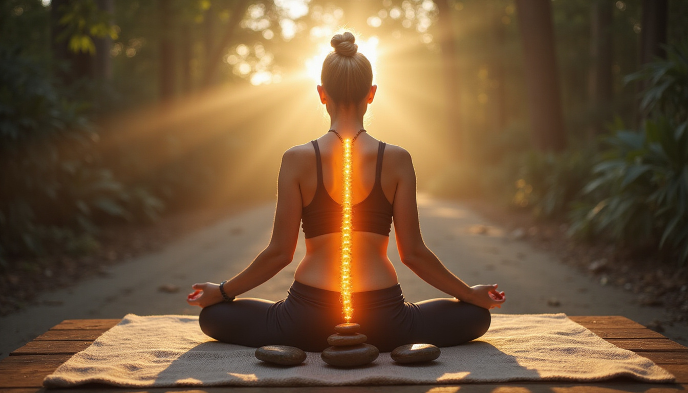  Elderly woman stretching, radiant spine relief aura, massage stones, natural supplements on wooden table