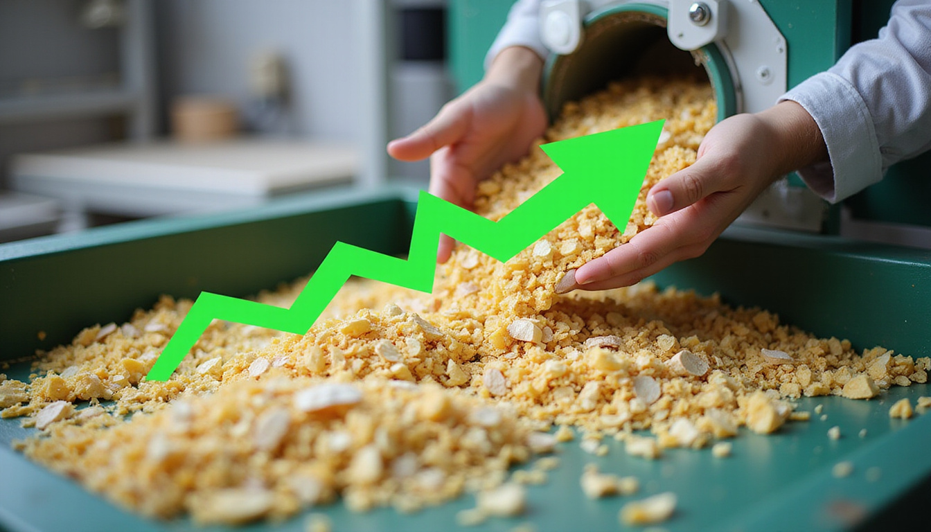 Close-up: hands transferring sorted materials into baler, overlay of money savings graph and green arrows