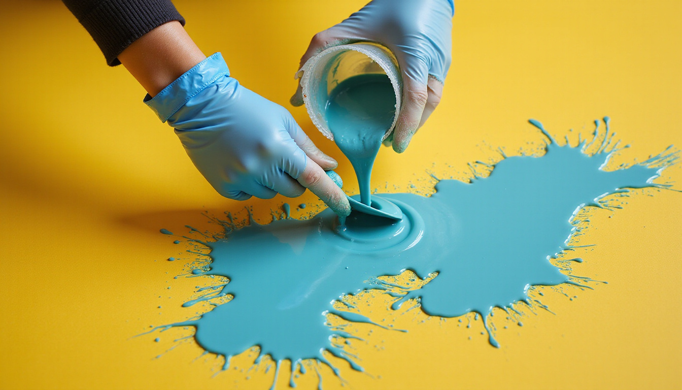  Closeup hands wearing gloves pouring paint into sealed container, hazard symbols, clear disposal instructions