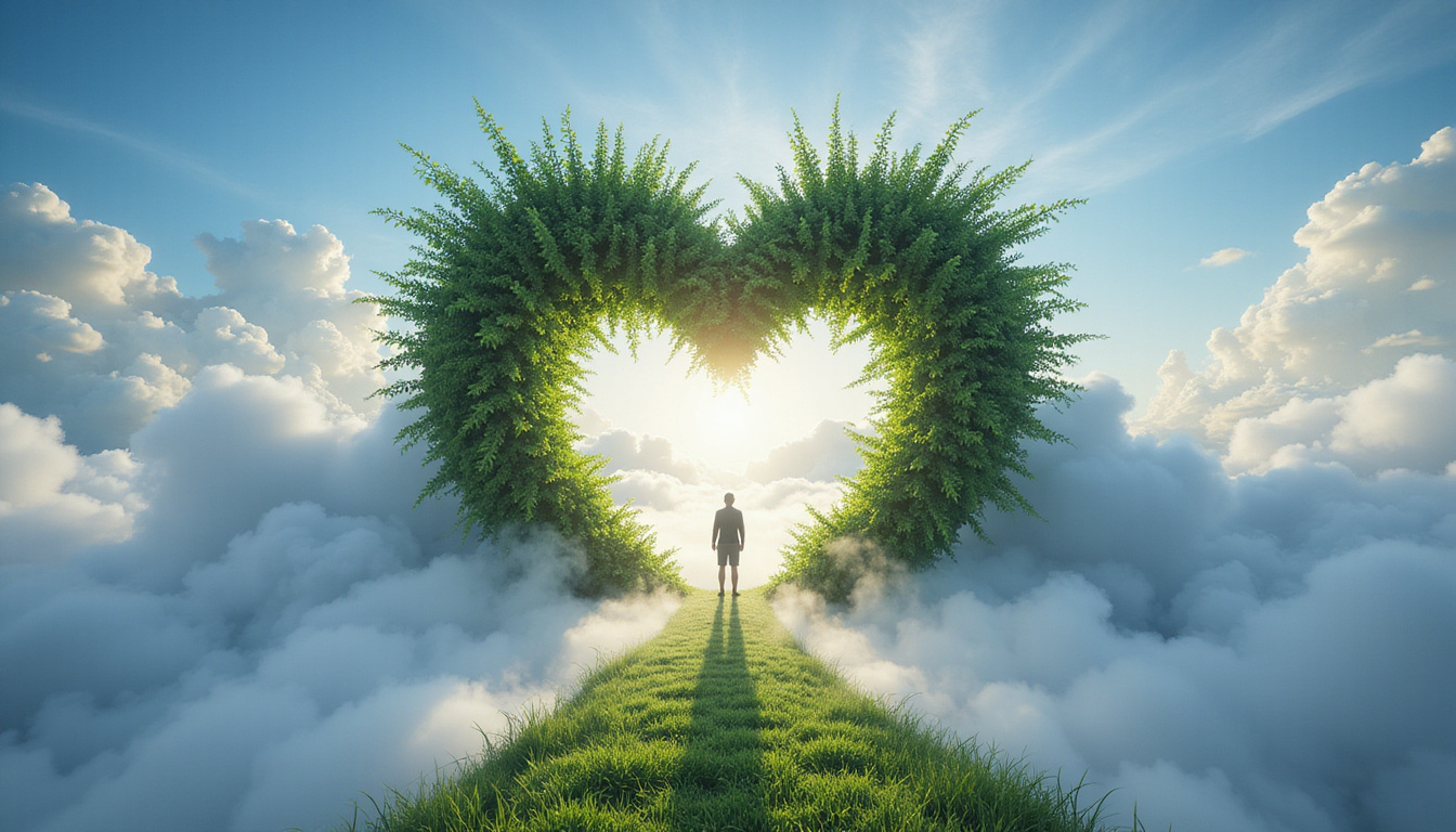  Serene temple above clouds, entwined vines forming heart doorway, person stepping into luminous purpose