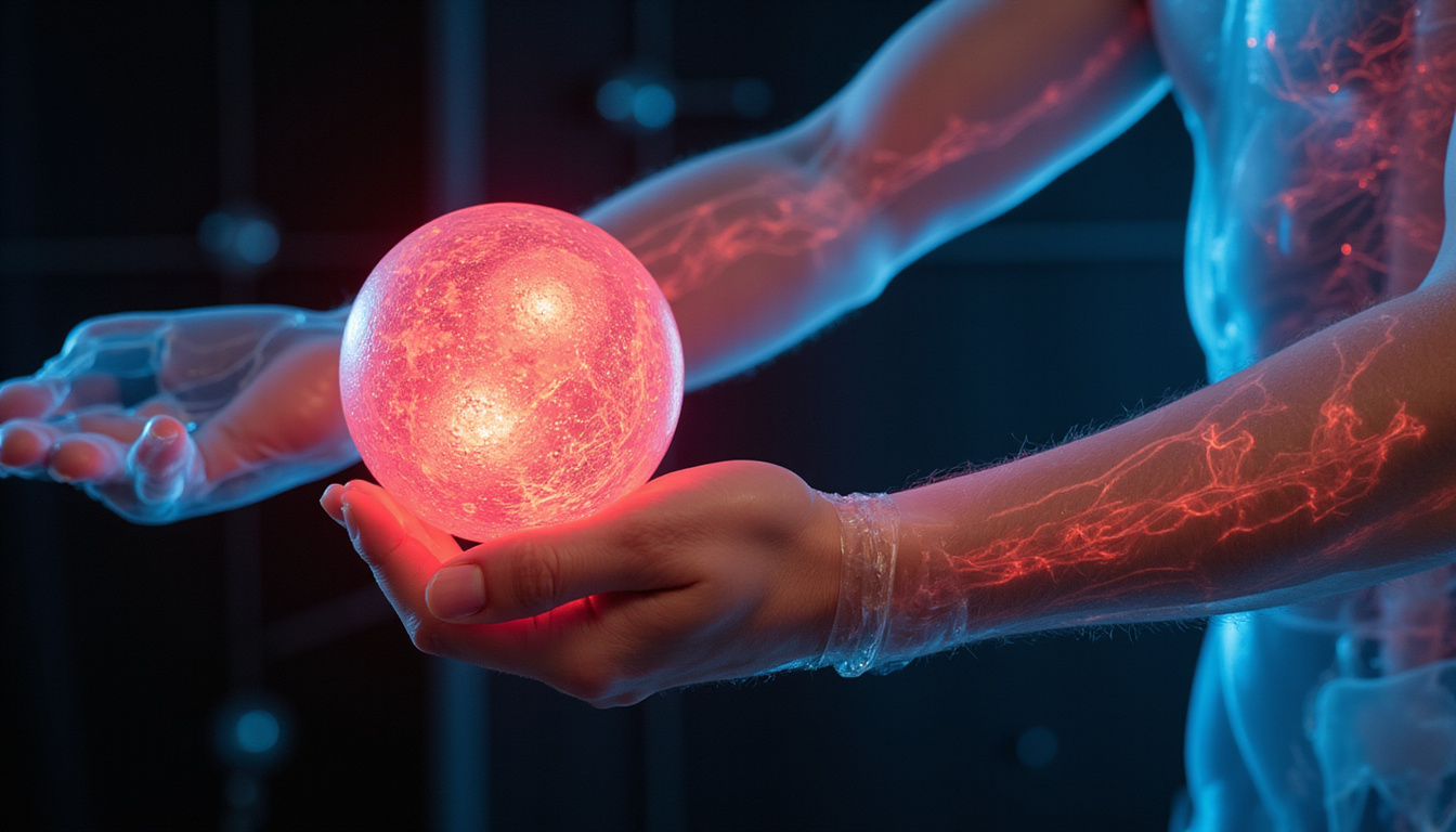  Close up hands pressing massage ball into forearm translucent anatomy overlay peak performance energy