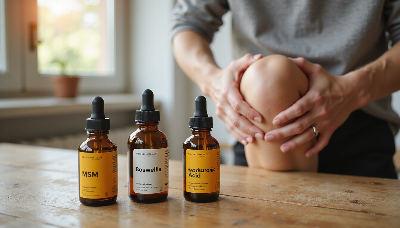  Elderly hands rubbing knee near amber bottles labeled Boswellia MSM Hyaluronic Acid on wooden table