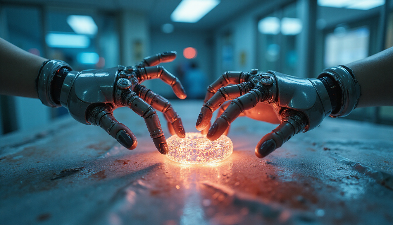  Enlarged microscopic robots healing human tissue, glowing circuits, futuristic hospital, hopeful atmosphere