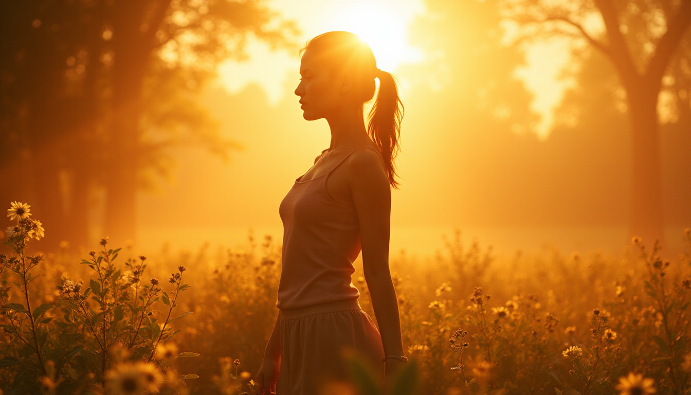  Serene female silhouette bathing in warm golden light with botanical elements symbolizing balanced hormones