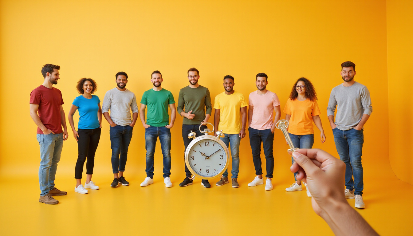  Diverse happy renters receiving keys, stopwatch overlay indicating fast screening, bright friendly lighting