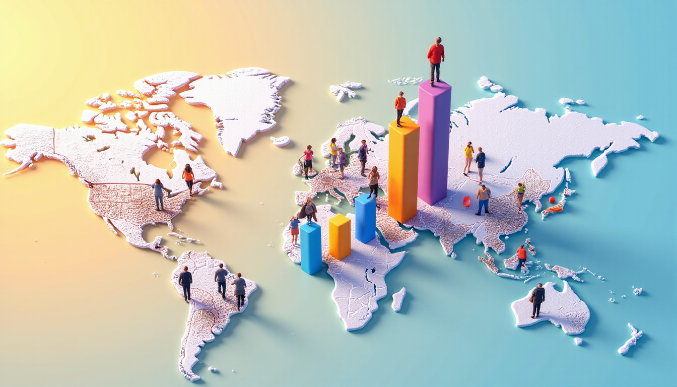 Overhead map overlay with rising bar graphs, location pins, diverse customers interacting, vibrant color palette