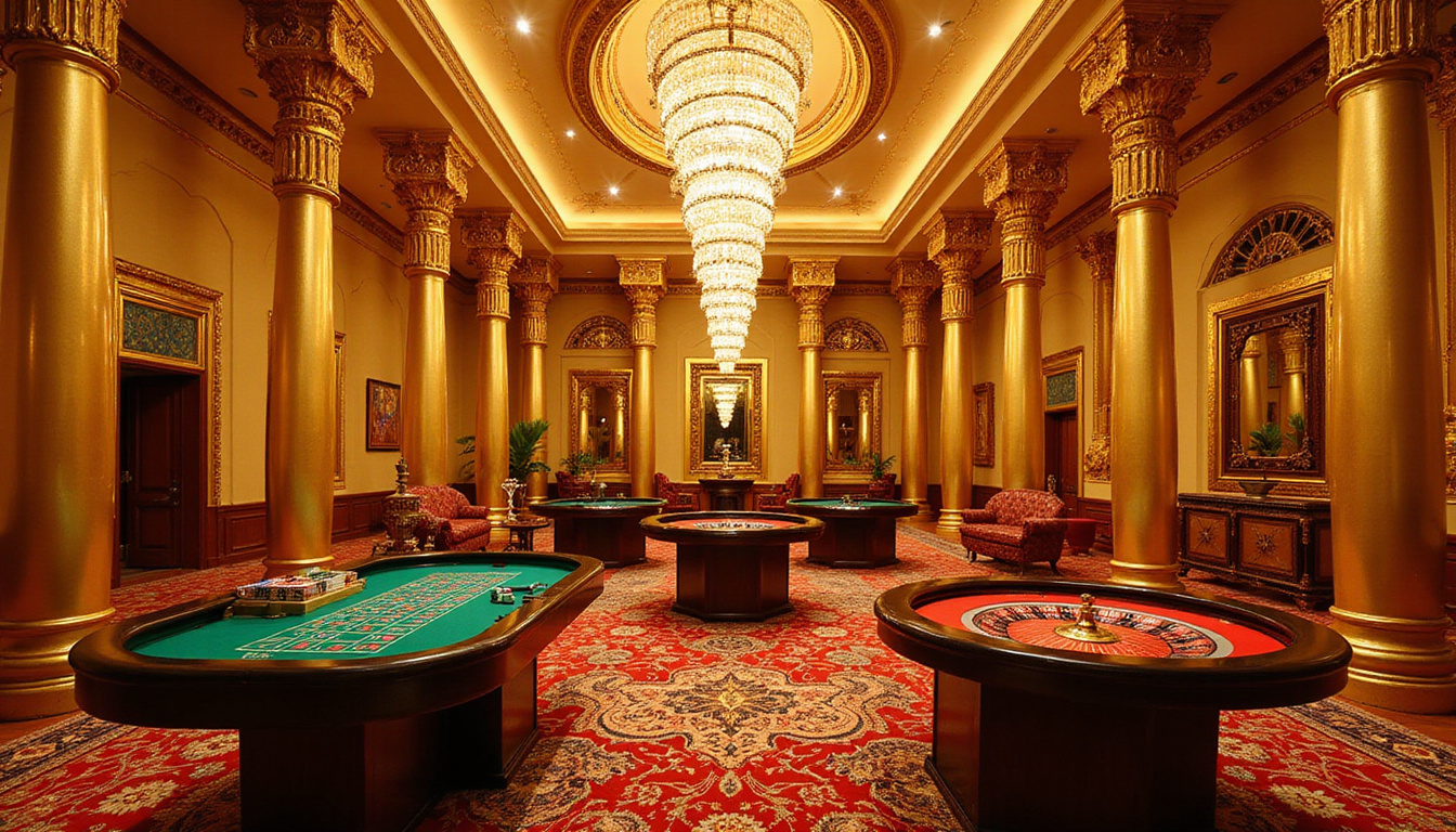 Lavish Egyptian hotel interior, golden columns, roulette and baccarat tables, chandelier, lively nightlife