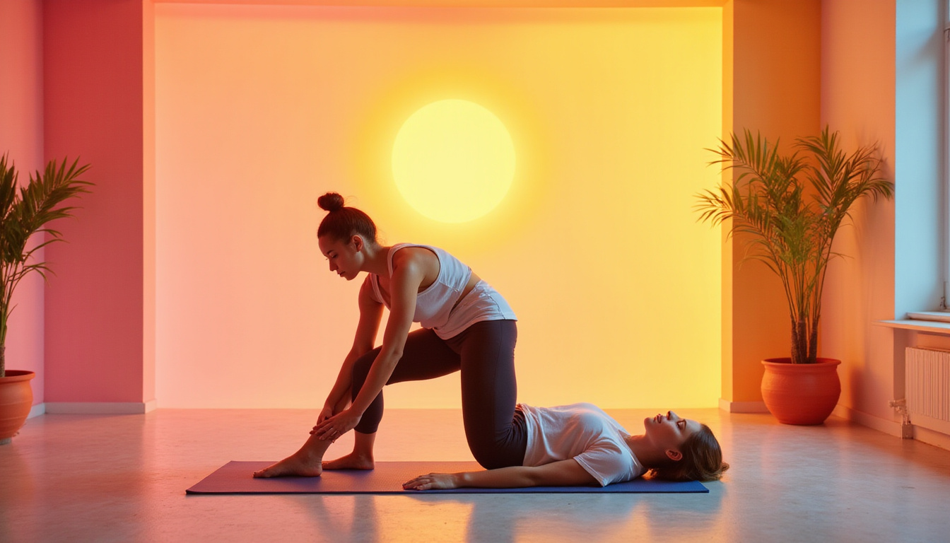  Bright studio: patient guided in gentle spinal mobilization, yoga stretch, resistance band, sunrise