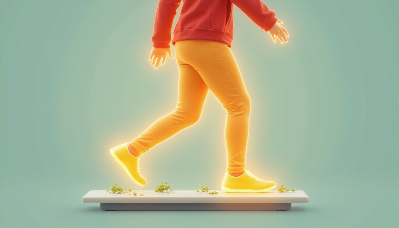  Close up confident stride, glowing legs, bread crossed out icon, scale, fresh salad
