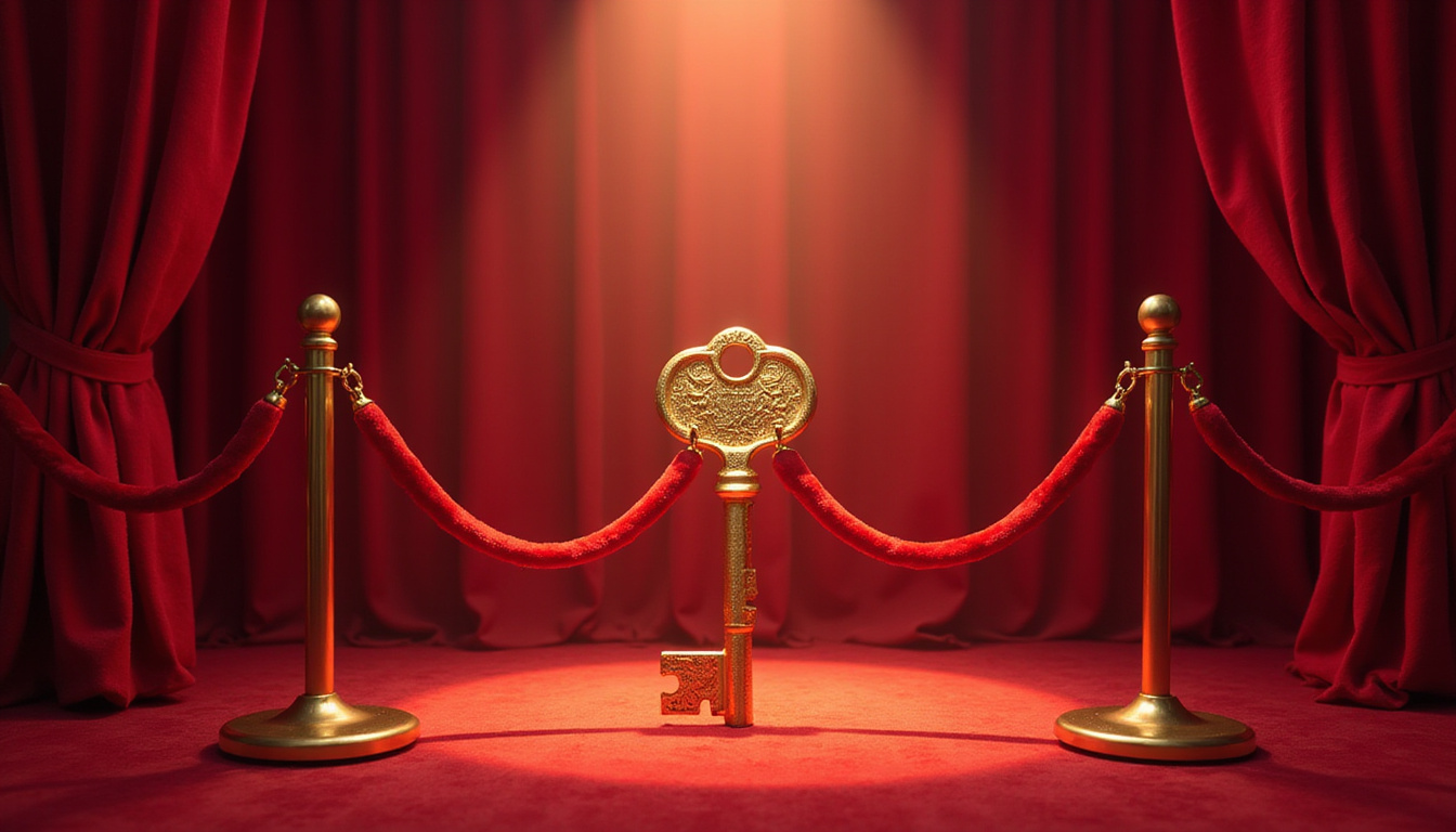 Golden key shaped like press badge unlocking velvet rope entrance, dramatic spotlight, high-detail